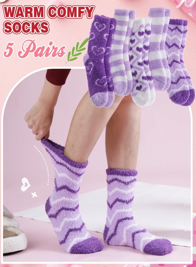 Sandsuced Womens Fuzzy Fluffy Socks Warm Cozy Winter Slipper Thick Crew Fleece Comfy Sleep Plush Heart Socks 5 Pairs Christmas Stocking Stuffers (Purple Heart Stripe,M) - Image 5